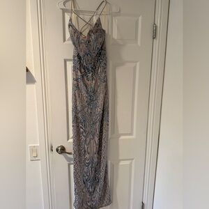 Nude Beaded Sequin Evening Gown with Blue/silver Accents